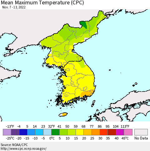 Korea Mean Maximum Temperature (CPC) Thematic Map For 11/7/2022 - 11/13/2022