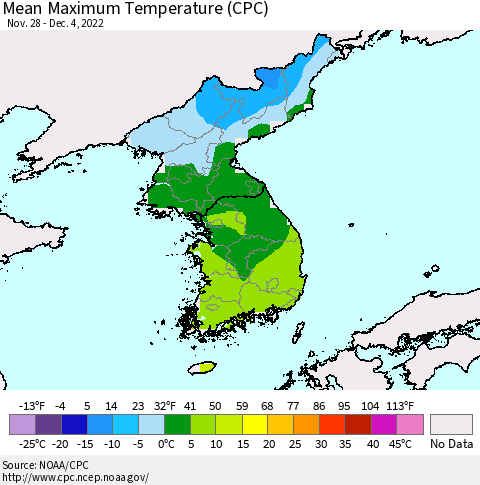 Korea Mean Maximum Temperature (CPC) Thematic Map For 11/28/2022 - 12/4/2022