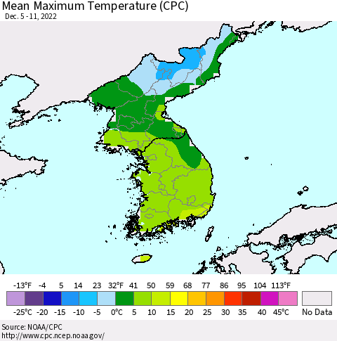 Korea Mean Maximum Temperature (CPC) Thematic Map For 12/5/2022 - 12/11/2022