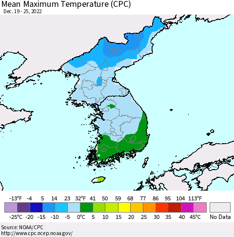Korea Mean Maximum Temperature (CPC) Thematic Map For 12/19/2022 - 12/25/2022