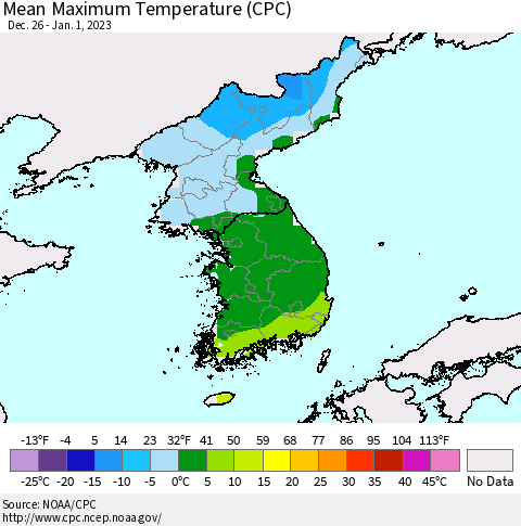 Korea Mean Maximum Temperature (CPC) Thematic Map For 12/26/2022 - 1/1/2023
