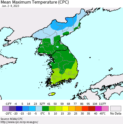 Korea Mean Maximum Temperature (CPC) Thematic Map For 1/2/2023 - 1/8/2023