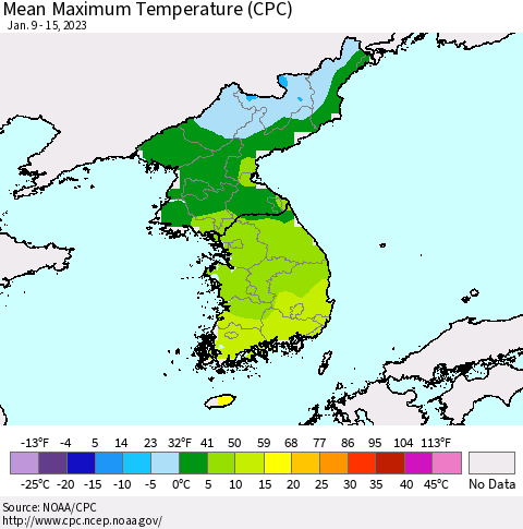 Korea Mean Maximum Temperature (CPC) Thematic Map For 1/9/2023 - 1/15/2023