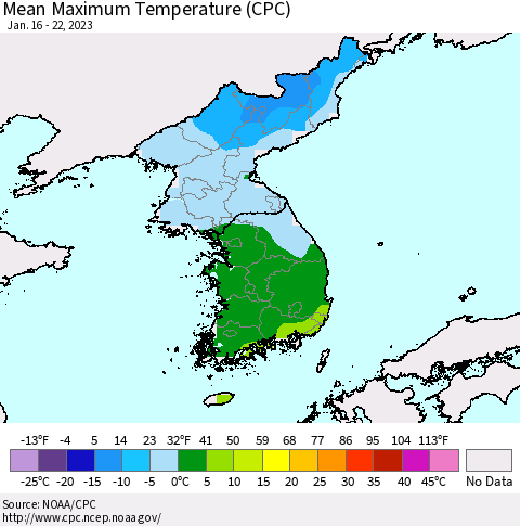 Korea Mean Maximum Temperature (CPC) Thematic Map For 1/16/2023 - 1/22/2023