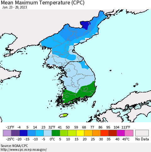 Korea Mean Maximum Temperature (CPC) Thematic Map For 1/23/2023 - 1/29/2023