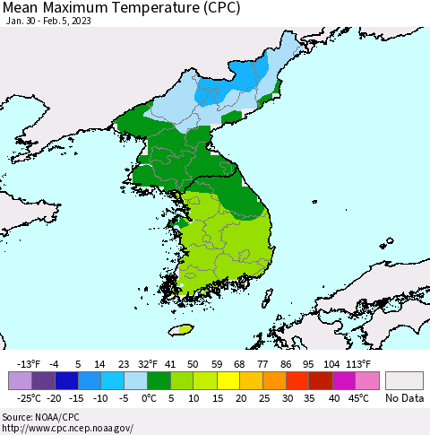 Korea Mean Maximum Temperature (CPC) Thematic Map For 1/30/2023 - 2/5/2023