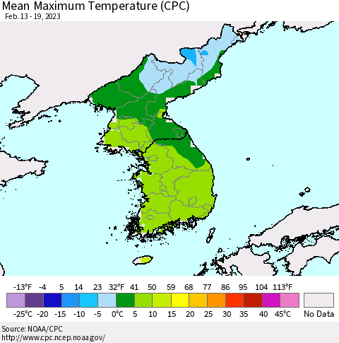 Korea Mean Maximum Temperature (CPC) Thematic Map For 2/13/2023 - 2/19/2023