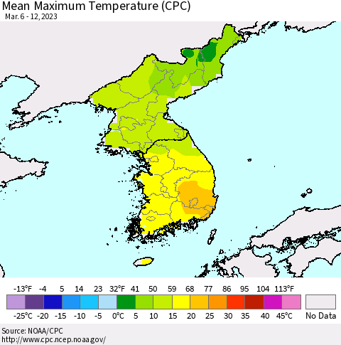 Korea Mean Maximum Temperature (CPC) Thematic Map For 3/6/2023 - 3/12/2023