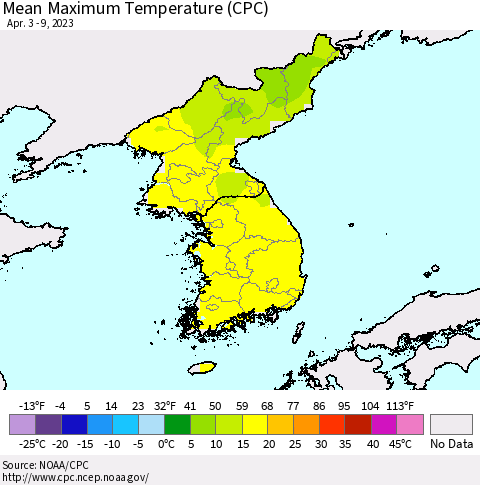 Korea Mean Maximum Temperature (CPC) Thematic Map For 4/3/2023 - 4/9/2023