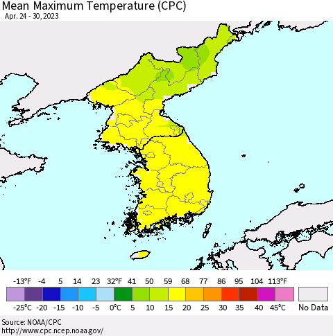 Korea Mean Maximum Temperature (CPC) Thematic Map For 4/24/2023 - 4/30/2023