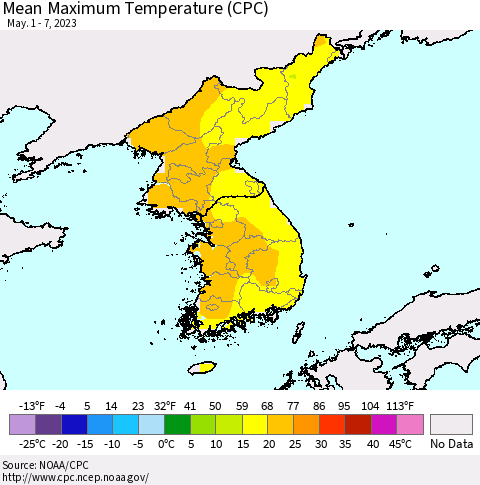 Korea Mean Maximum Temperature (CPC) Thematic Map For 5/1/2023 - 5/7/2023