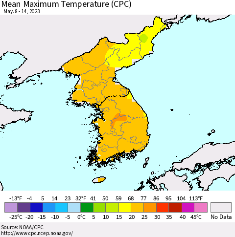 Korea Mean Maximum Temperature (CPC) Thematic Map For 5/8/2023 - 5/14/2023
