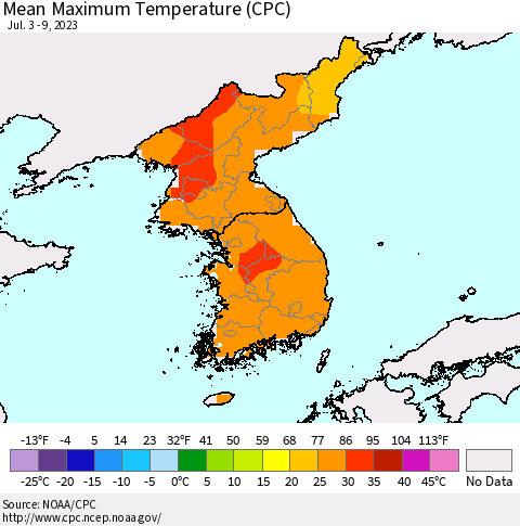 Korea Mean Maximum Temperature (CPC) Thematic Map For 7/3/2023 - 7/9/2023