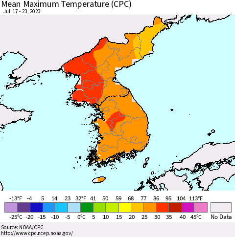 Korea Mean Maximum Temperature (CPC) Thematic Map For 7/17/2023 - 7/23/2023