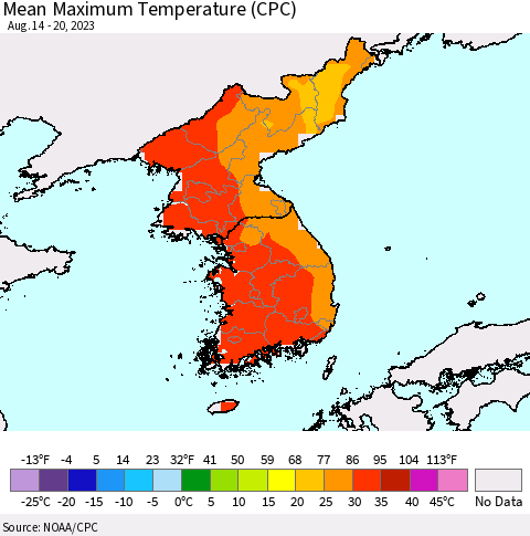 Korea Mean Maximum Temperature (CPC) Thematic Map For 8/14/2023 - 8/20/2023