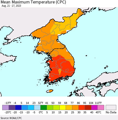 Korea Mean Maximum Temperature (CPC) Thematic Map For 8/21/2023 - 8/27/2023
