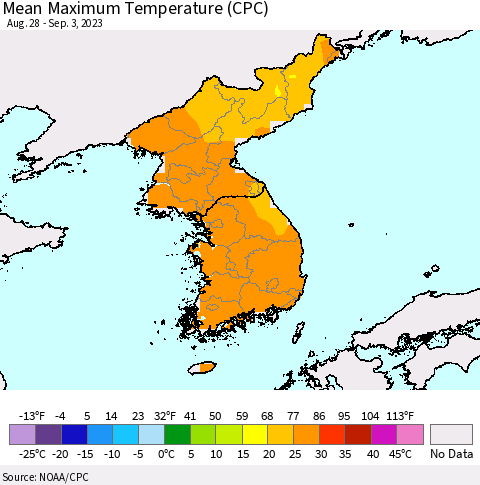 Korea Mean Maximum Temperature (CPC) Thematic Map For 8/28/2023 - 9/3/2023