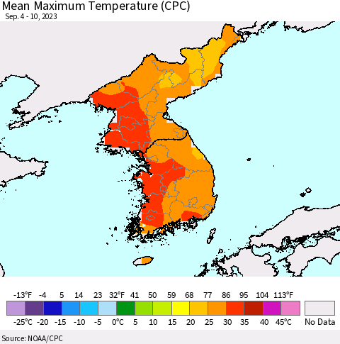 Korea Mean Maximum Temperature (CPC) Thematic Map For 9/4/2023 - 9/10/2023