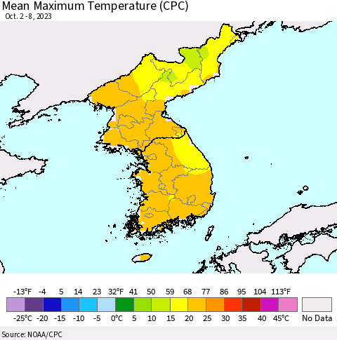 Korea Mean Maximum Temperature (CPC) Thematic Map For 10/2/2023 - 10/8/2023