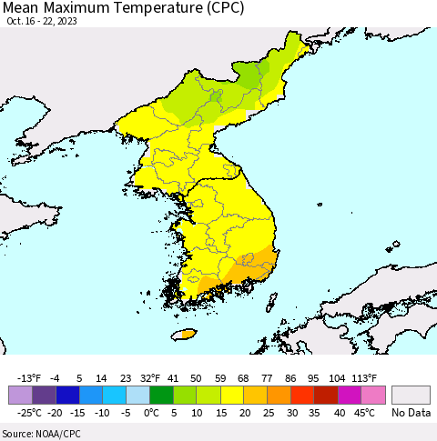 Korea Mean Maximum Temperature (CPC) Thematic Map For 10/16/2023 - 10/22/2023