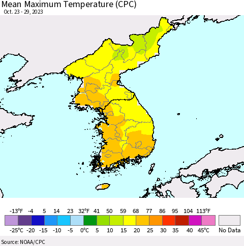 Korea Mean Maximum Temperature (CPC) Thematic Map For 10/23/2023 - 10/29/2023