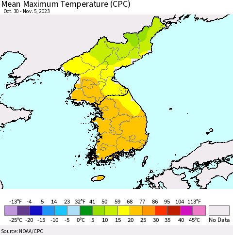 Korea Mean Maximum Temperature (CPC) Thematic Map For 10/30/2023 - 11/5/2023