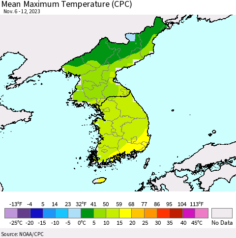 Korea Mean Maximum Temperature (CPC) Thematic Map For 11/6/2023 - 11/12/2023