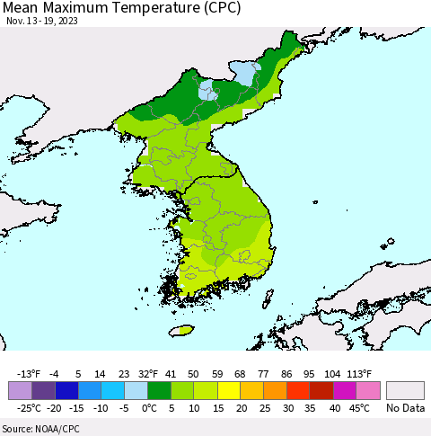Korea Mean Maximum Temperature (CPC) Thematic Map For 11/13/2023 - 11/19/2023