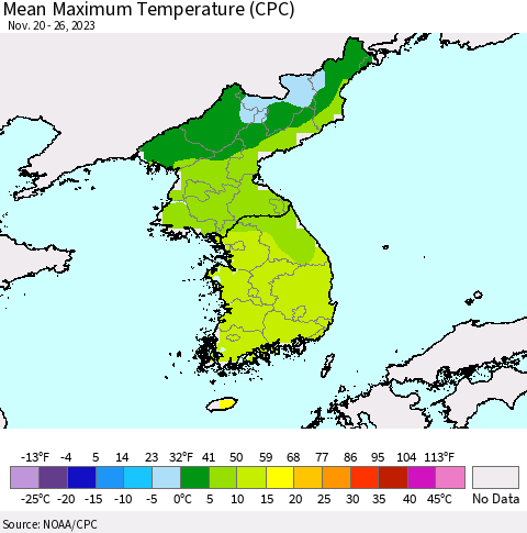 Korea Mean Maximum Temperature (CPC) Thematic Map For 11/20/2023 - 11/26/2023