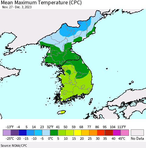 Korea Mean Maximum Temperature (CPC) Thematic Map For 11/27/2023 - 12/3/2023