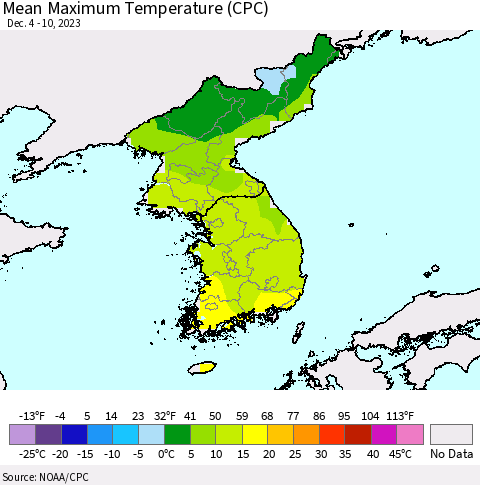 Korea Mean Maximum Temperature (CPC) Thematic Map For 12/4/2023 - 12/10/2023
