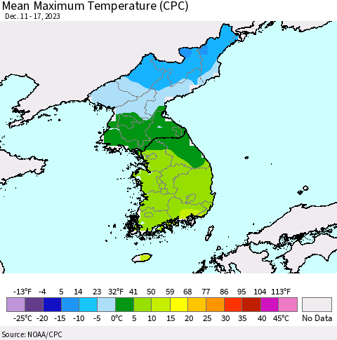 Korea Mean Maximum Temperature (CPC) Thematic Map For 12/11/2023 - 12/17/2023