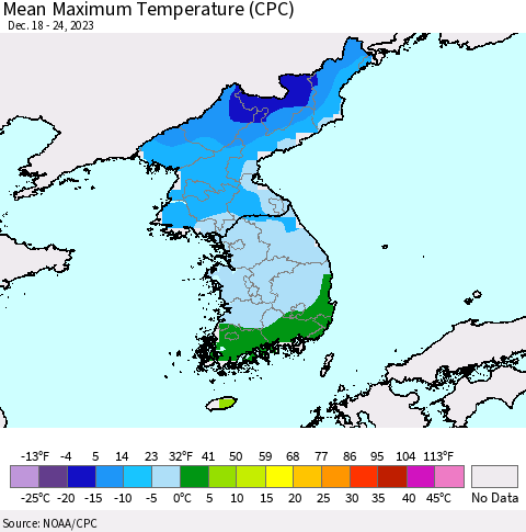 Korea Mean Maximum Temperature (CPC) Thematic Map For 12/18/2023 - 12/24/2023