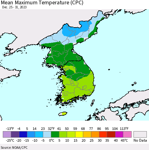 Korea Mean Maximum Temperature (CPC) Thematic Map For 12/25/2023 - 12/31/2023