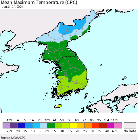 Korea Mean Maximum Temperature (CPC) Thematic Map For 1/8/2024 - 1/14/2024