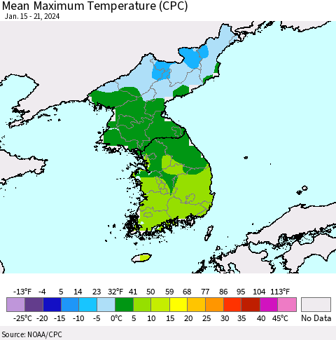 Korea Mean Maximum Temperature (CPC) Thematic Map For 1/15/2024 - 1/21/2024