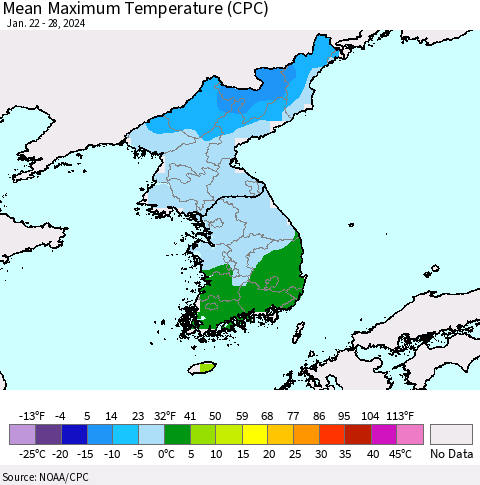 Korea Mean Maximum Temperature (CPC) Thematic Map For 1/22/2024 - 1/28/2024