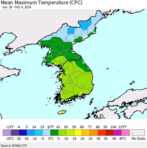 Korea Mean Maximum Temperature (CPC) Thematic Map For 1/29/2024 - 2/4/2024