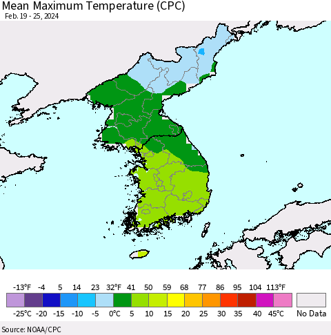 Korea Mean Maximum Temperature (CPC) Thematic Map For 2/19/2024 - 2/25/2024