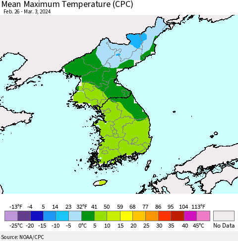 Korea Mean Maximum Temperature (CPC) Thematic Map For 2/26/2024 - 3/3/2024