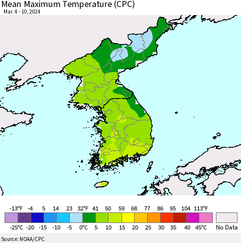 Korea Mean Maximum Temperature (CPC) Thematic Map For 3/4/2024 - 3/10/2024