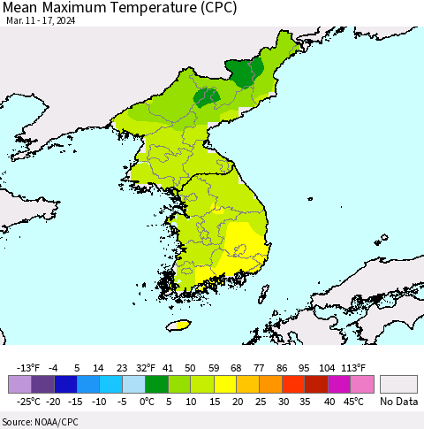Korea Mean Maximum Temperature (CPC) Thematic Map For 3/11/2024 - 3/17/2024