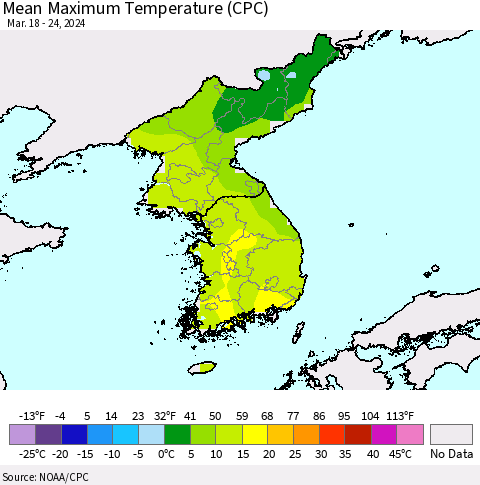 Korea Mean Maximum Temperature (CPC) Thematic Map For 3/18/2024 - 3/24/2024