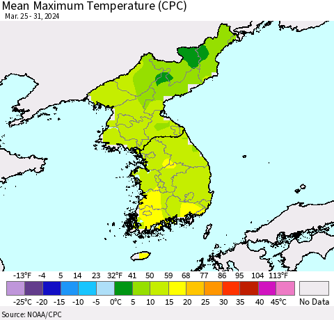Korea Mean Maximum Temperature (CPC) Thematic Map For 3/25/2024 - 3/31/2024