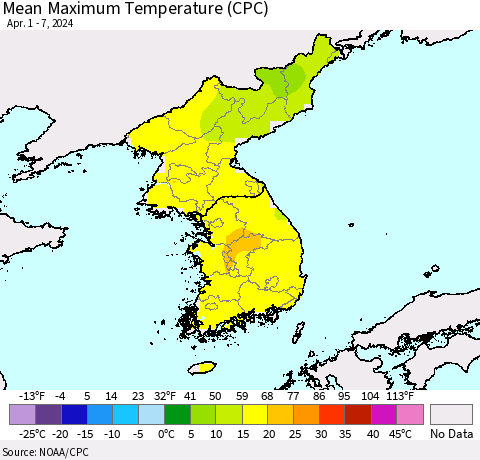 Korea Mean Maximum Temperature (CPC) Thematic Map For 4/1/2024 - 4/7/2024