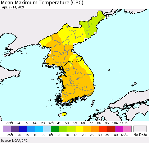 Korea Mean Maximum Temperature (CPC) Thematic Map For 4/8/2024 - 4/14/2024