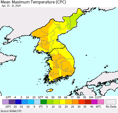Korea Mean Maximum Temperature (CPC) Thematic Map For 4/15/2024 - 4/21/2024