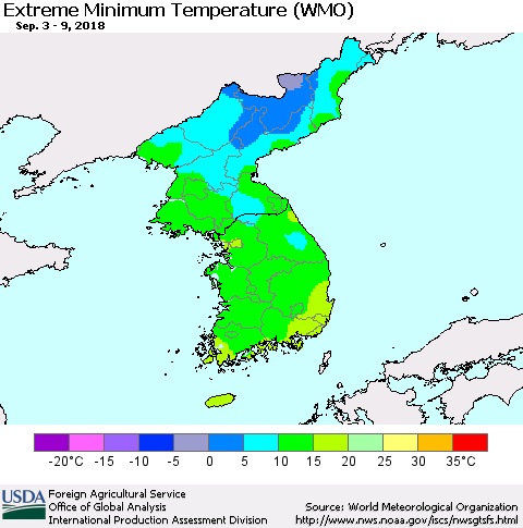 Korea Minimum Daily Temperature (WMO) Thematic Map For 9/3/2018 - 9/9/2018