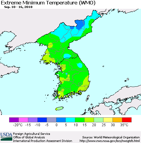 Korea Minimum Daily Temperature (WMO) Thematic Map For 9/10/2018 - 9/16/2018