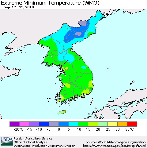 Korea Minimum Daily Temperature (WMO) Thematic Map For 9/17/2018 - 9/23/2018